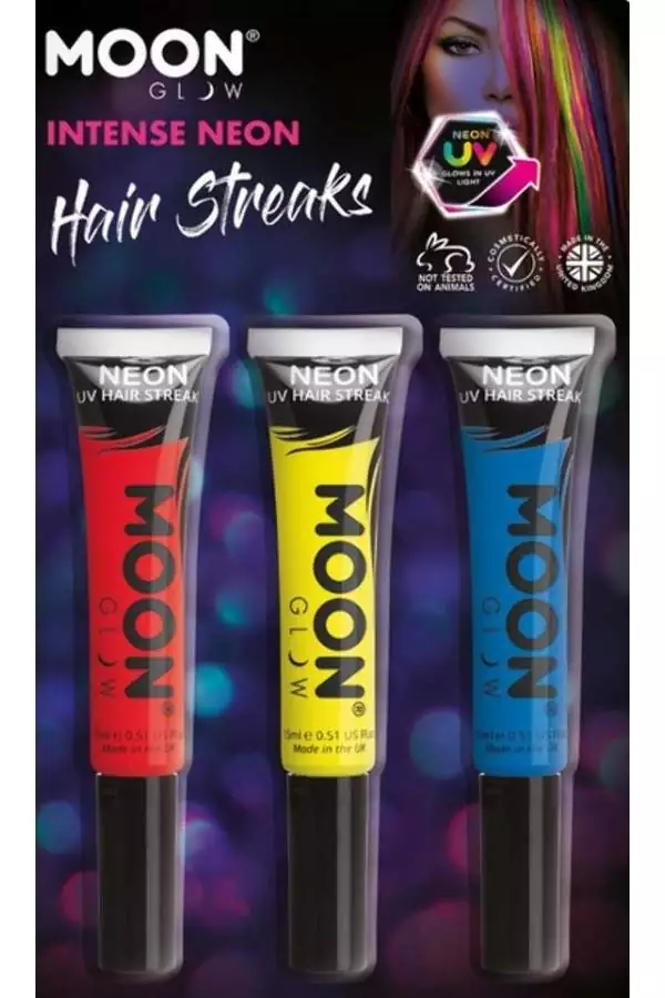 Smiffys 3 Colorations Mèches De Cheveux UV Néon – Moon Glow 3 Smiffys 3 Colorations Mèches De Cheveux UV Néon – Moon Glow