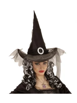 WIDMANN Chapeau Sorcière Femme, Noir Avec Voile