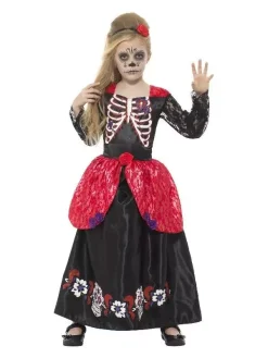 Smiffys Déguisement Fille Dia De Los Muertos (robe Longue Et Serre-tête Avec Fleur Rouge)