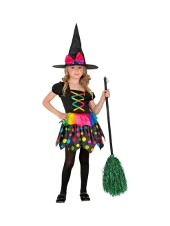 WIDMANN Déguisement Sorcière Fille Noir Et Fluo (robe Et Chapeau) -Halloween Soldes Boutique deguisement sorciere fille noir et fluo robe et chapeau 1