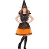 WIDMANN Déguisement Sorcière Orange Et Noir, Fille (robe Orange Et Noire, Motif Citrouille Et Chapeau) -Halloween Soldes Boutique deguisement sorciere orange et noir fille robe orange et noire motif citrouille et chapeau