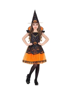 WIDMANN Déguisement Sorcière Orange Et Noir, Fille (robe Orange Et Noire, Motif Citrouille Et Chapeau)