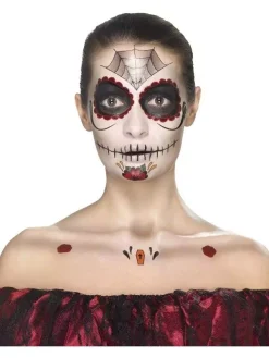 Smiffys Kit Maquillage Jour Des Morts Rouge Et Noir (fard à L'eau Visage, Crayon, Applicateurs) -Halloween Soldes Boutique kit maquillage jour des morts rouge et noir fard a l eau visage crayon applicateurs 2