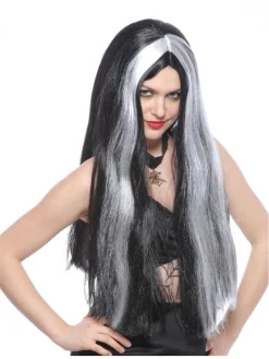 Perruque Sorcière Femme Longue Noir Avec Mèches Blanches