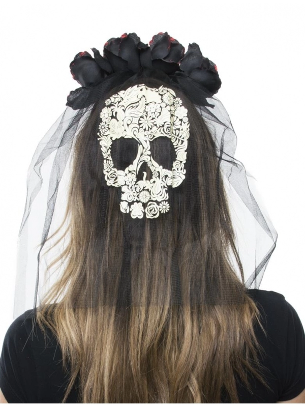 Serre-tête Jour Des Morts Avec Roses Et Voile Squelette 4 Serre-tête Jour Des Morts Avec Roses Et Voile Squelette – Image 2